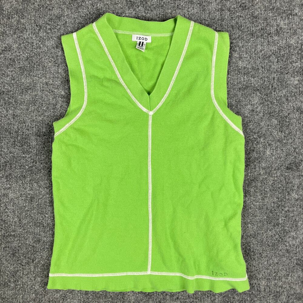 Izod Tank Womens Medium Neon Green Sleeveless Knit Contrast Stitch Vintage‎